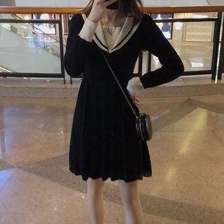 Long-sleeve Color Block A-line Knit Dress