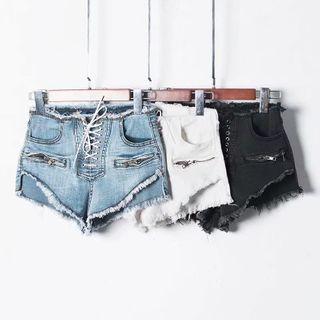 High-waist Lace-up Fray Trim Denim Hot Pants