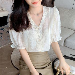 Puff Sleeve V-neck Lace Trim Blouse