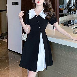 Puff-sleeve Lace Trim A-line Slit Dress