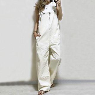 Plain Zip Wide-leg Jumper Pants Beige - One Size