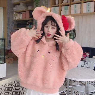 Cat Embroidery Fleece Hoodie As Shown In Figure - One Size