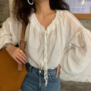 Lantern-sleeve Tie Neck Plain Blouse White - One Size