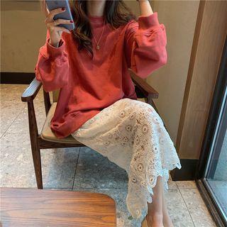 Long-sleeve Plain Pullover / High-waist Crochet Skirt