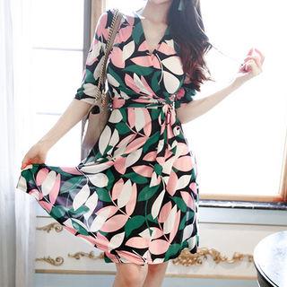 Elbow-sleeve Printed Wrap Dress