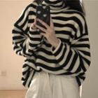 Long-sleeve Striped Turtleneck Knit Top Stripe - Black & White - One Size