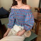 Plaid Off-shoulder Puff-sleeve Blouse As Figure - One Size