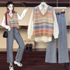 Pattern Sweater Vest / Shirt / Straight Leg Jeans / Set