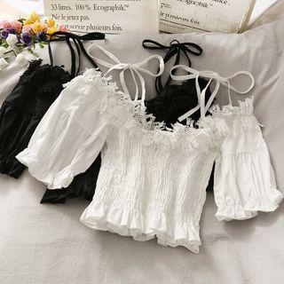 Off-shoulder Lace-trim Smocked Crop Top