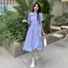 Short-sleeve Collar Frill Trim Midi A-line Dress