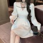 Long Sleeve V-neck Lace Up Slim-fit A-line Dress