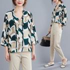 3/4-sleeve Printed V-neck Chiffon Blouse