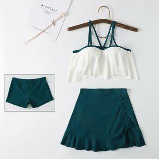 Set: Spaghetti-strap Cropped Swim Top + Swim Skirt + Shorts