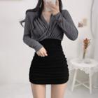 Long-sleeve V-neck Two-tone Mini Sheath Dress