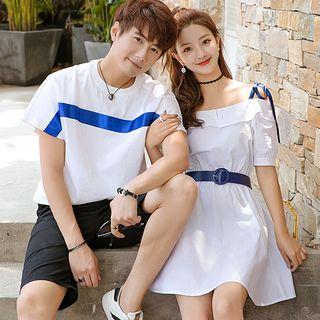 Couple Matching Short-sleeve Cold Shoulder A-line Dress / T-shirt / Shorts