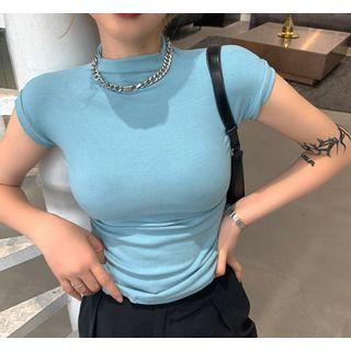 Cap-sleeve Mock-neck Plain T-shirt