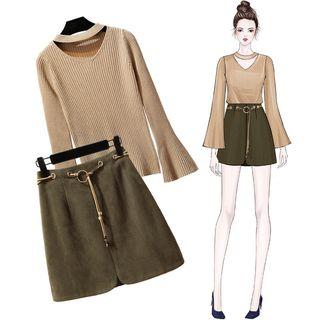 Set: Bell-sleeve Sweater + Mini A-line Skirt