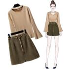 Set: Bell-sleeve Sweater + Mini A-line Skirt