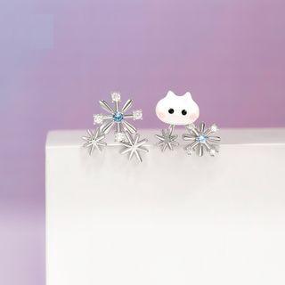 Cat Snowflake Rhinestone Asymmetrical Earring 1 Pair - Silver - One Size