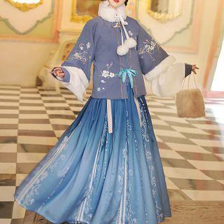 Hanfu Set Of 3 : Embroidered Square-neck Elbow-sleeve Cropped Coat + Long-sleeve Top + Semi-body Print Maxi Skirt