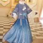 Hanfu Set Of 3 : Embroidered Square-neck Elbow-sleeve Cropped Coat + Long-sleeve Top + Semi-body Print Maxi Skirt