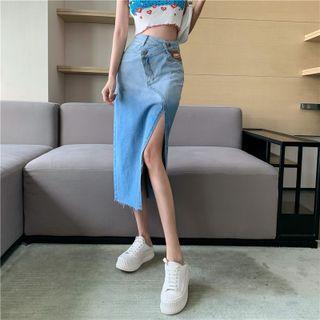 Gradient Slit-hem Denim Midi Pencil Skirt