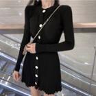 Long-sleeve Button-front Mini A-line Knit Dress