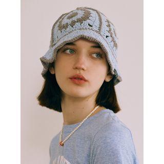 Flower-pattern Crochet Bucket Hat Light Blue - One Size