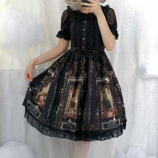 Sleeveless Print A-line Dress / Short-sleeve Lace Top