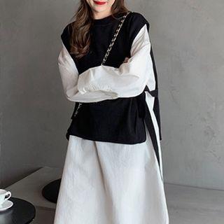 Plain Lace-up Knit Vest / Plain Long-sleeve Shirtdress
