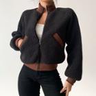 Fluffy Pocketed Zip-up Cropped Jacket
