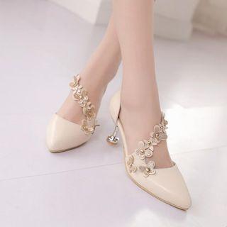 Faux Leather Floral Strap Kitten Heel Pumps