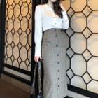 Long-sleeve Shirt / Midi Plaid Sheath Skirt