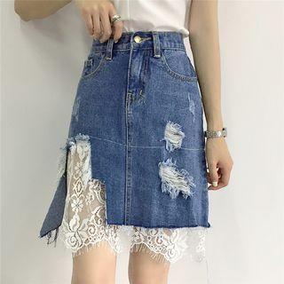Distressed Lace Panel A-line Denim Skirt