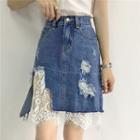 Distressed Lace Panel A-line Denim Skirt