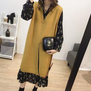 Floral Long-sleeve Midi Dress / Sweater Vest / Set