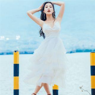 Spaghetti Strap Tiered A-line Midi Dress