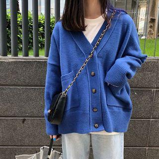 Dual-pocket V-neck Cardigan Blue - One Size
