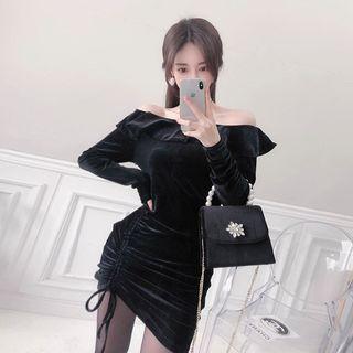 Off-shoulder Drawstring-front Velvet Dress