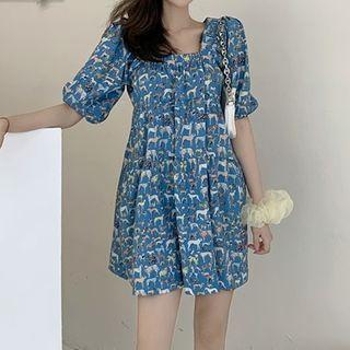 Dog Print Short-sleeve Dress Blue - One Size