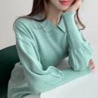 Collared Bishop-sleeve Punch-trim Knit Top