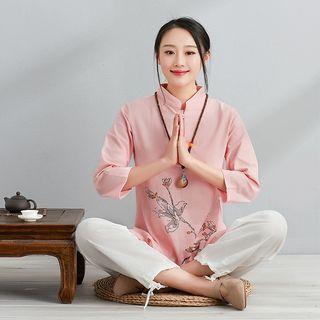 Set: 3/4-sleeve Floral Print Yoga Top + Pants