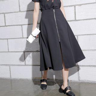 Zipper-front A-line Midi Skirt