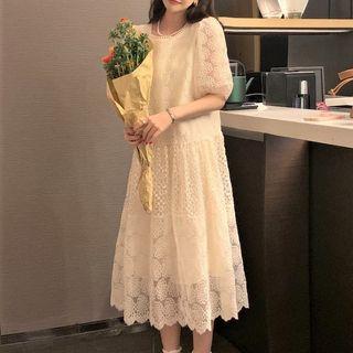 Puff-sleeve Floral Lace Midi Smock Dress Almond - One Size