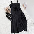 Spaghetti Strap Buckled Lace-up Midi A-line Dress Black - One Size