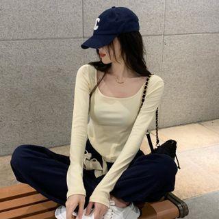 Long-sleeve Asymmetrical T-shirt / Drawstring Wide-leg Pants