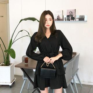 V-neck Layered Dress With Sash Black - One Size