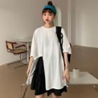 Elbow-sleeve Slit-hem T-shirt / Lace Trim A-line Mini Skirt