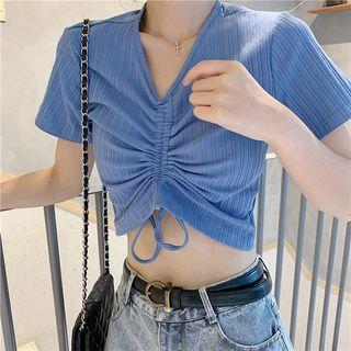 Short-sleeve Drawstring V-neck Top