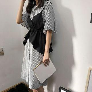 Striped Elbow-sleeve Shirt Dress / V-neck Camisole Top